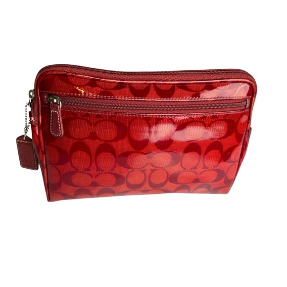 Coach Signature Red Patent Leather Accents Handbag Clutch Make up Case Women’s - Picture 7 of 17